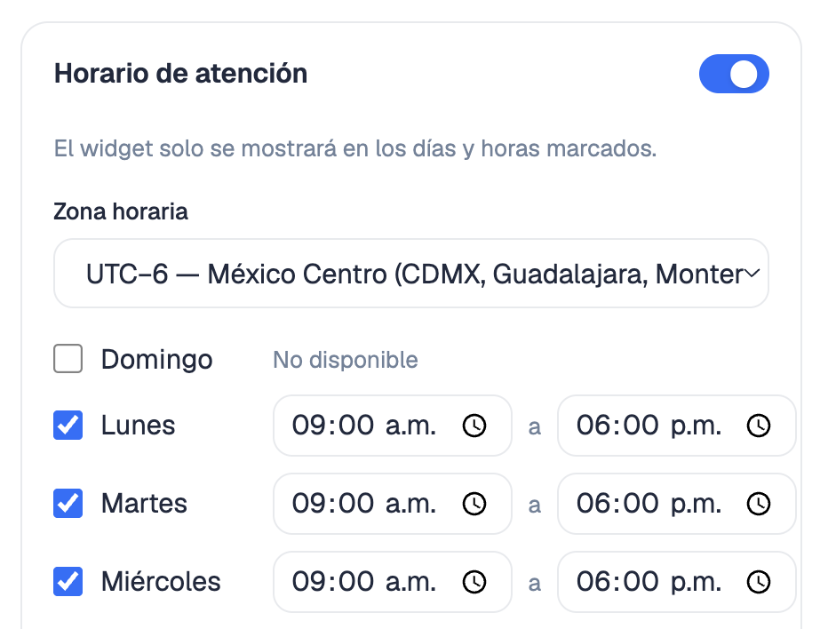 Configuración de horario de atención del widget